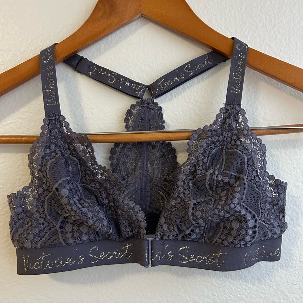 💜 Victoria’s Secret Lace Bralette – Dark Plum Purple w/ Gold Logo